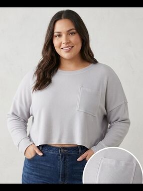 Arula Waffle Knit Cropped Top Size 3X Grey Front Pocket Side Slits 35" P2P